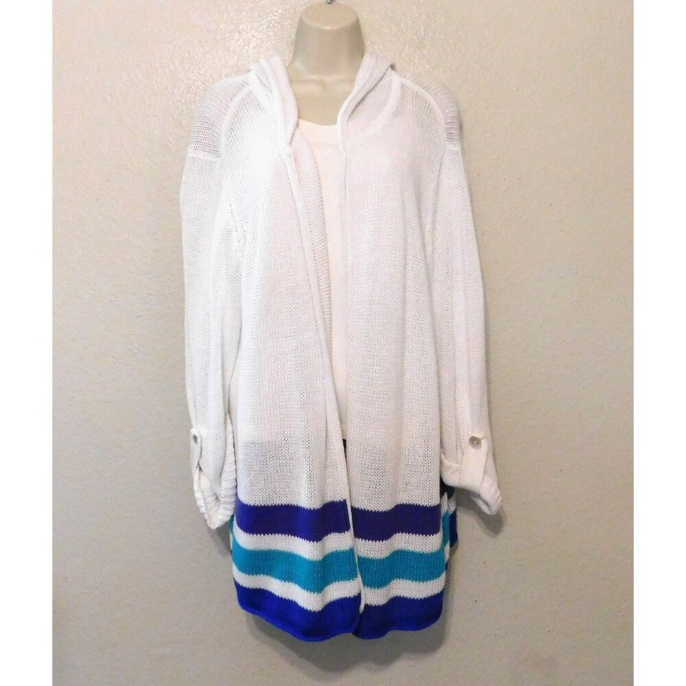 Chicos 3 Hooded Sweater Size 16 XL White Striped Hem Linen Cotton